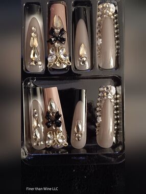 Black Ombre 3D Cream Long Coffin Press-on Nails Women's Size L